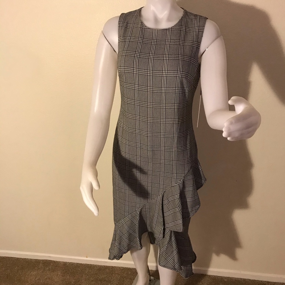 Calvin Klein Midi Sheath with Ruffle Hem Dress In Glen Check Size 12